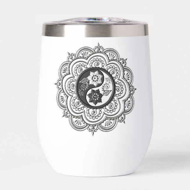 Botella de agua con mandala de plata y negro (Frente)