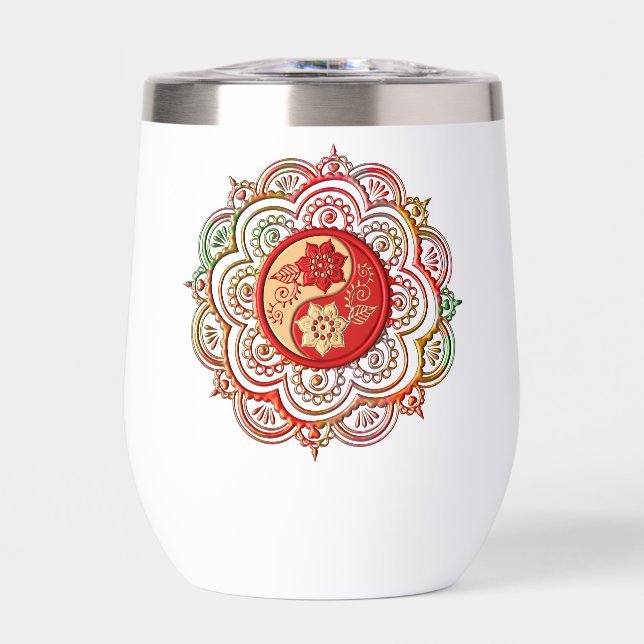 Botella de agua con mandala rojo y dorado (Frente)