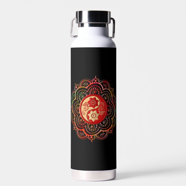 Botella de agua con mandala rojo y dorado (Delantero)