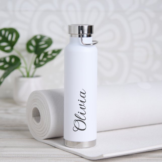 Botella de agua con nombre personalizado y letra e (Yoga (girado))