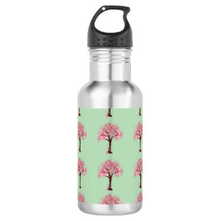 Botella de agua con patrón de árboles rosados
