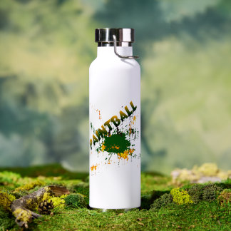 Botella de agua con salpicaduras de paintball