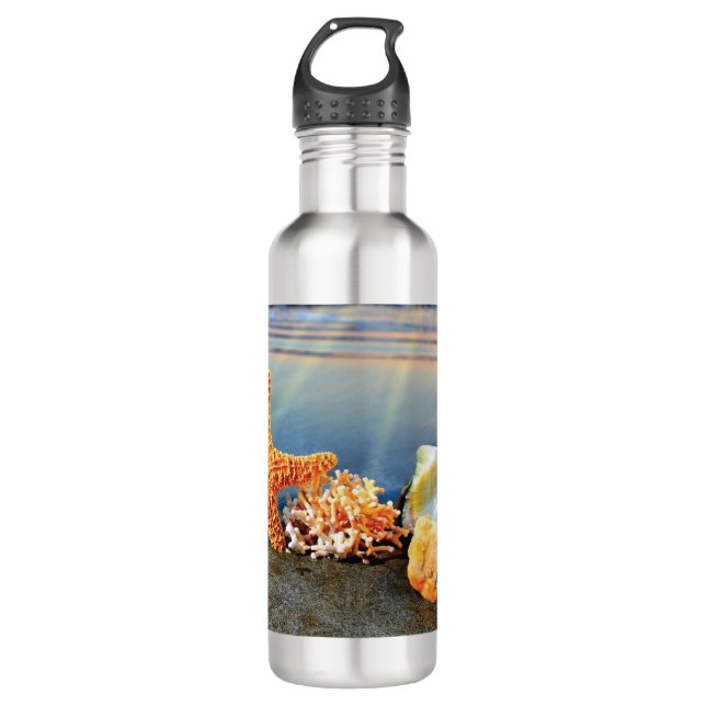 Botella De Agua conchas de mar y estrellas de mar en la playa (Anverso)