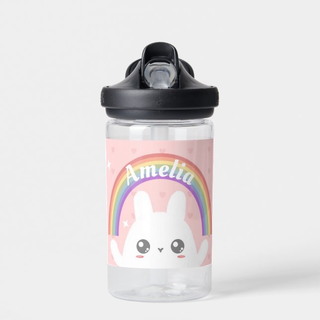 Botella De Agua Conejito kawaii y arcoiris personalizados (Delante)