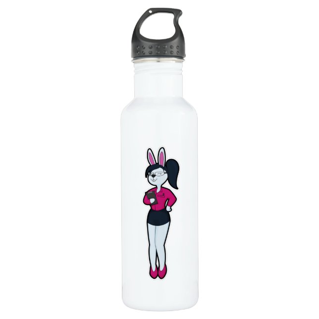 Botella De Agua Conejo como secretario con Notepad y Glasses (Anverso)