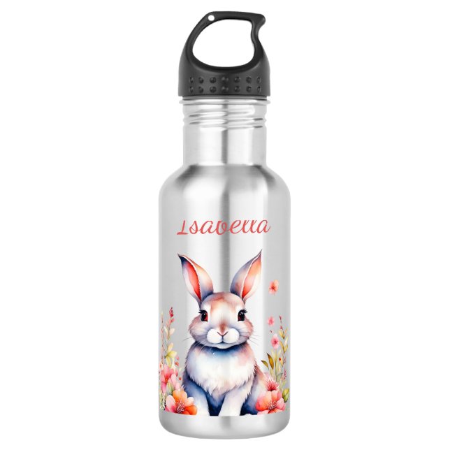 Botella De Agua Conejo personalizado en flores rosadas (Anverso)
