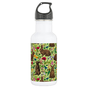 Botella De Agua Conejos y flores silvestres en verde miel