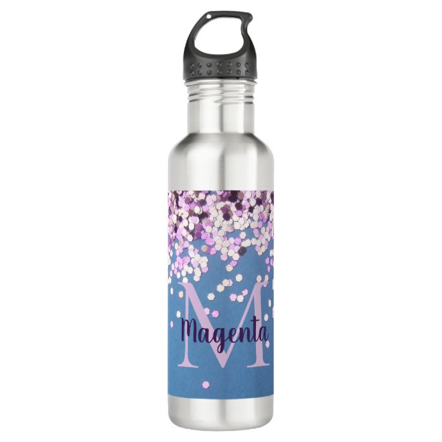 Botella De Agua Confetti de lavanda monograma sobre azul (Anverso)