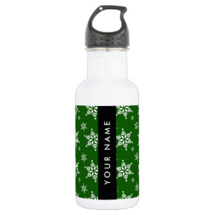 Botella De Agua Copia de Copos de nieve blancos, Verde, Tu nombre,