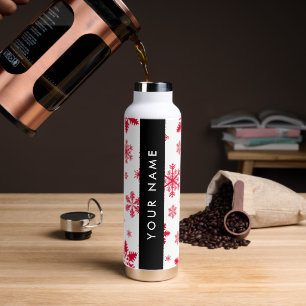 Botella De Agua Copos de nieve rojos, tu nombre, personaliza