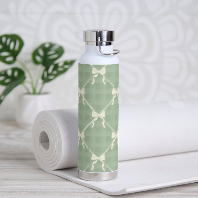 Botella De Agua Coquette Bows Gingham Pattern Cream Sage Green  (Yoga)