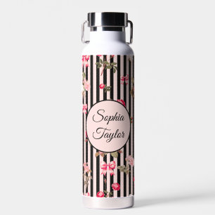 Botella De Agua Coquette rosa Bow Rosas de cosechas Black Stripes