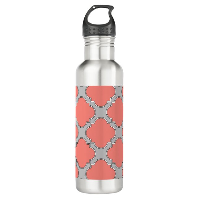 Botella De Agua Coral de quatrefoil y gris (Anverso)