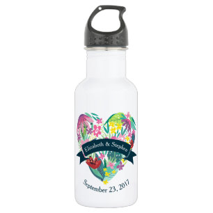Botella De Agua Corazón floral dulce con Boda de flores tropicales