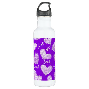 Botella De Agua Corazón morado blanco crudo con guión de amor