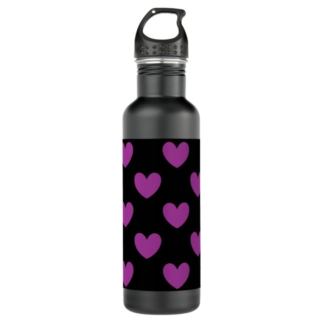 Botella De Agua Corazones de polka púrpura en negro (Anverso)