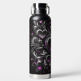 Botella De Agua Corazones de purpurina negros y morados personaliz