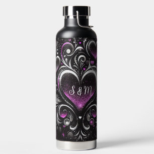 Botella De Agua Corazones de purpurina negros y morados personaliz