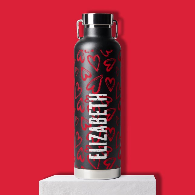 Botella De Agua Corazones rojos (Red hearts on black thermal insulated hot/cold personalized water bottle)
