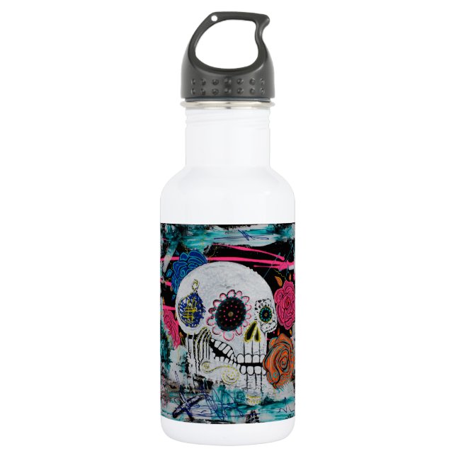 Botella De Agua Cráneo del azúcar con los rosas (Anverso)
