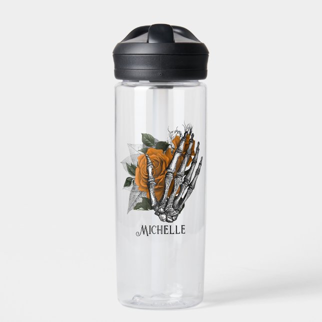 Botella De Agua Cráneo gótico floral naranja (Delante)