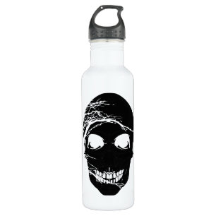 Botella De Agua Cráneo negro de Halloween con árbol blanco