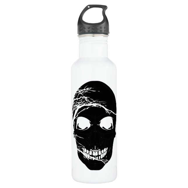 Botella De Agua Cráneo negro de Halloween con árbol blanco (Anverso)