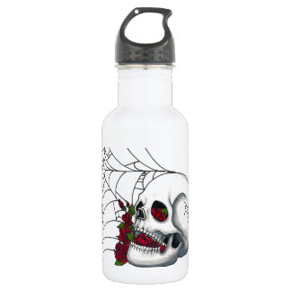 Botella De Agua Cráneo sonriente con los rosas rojos y Spiderweb