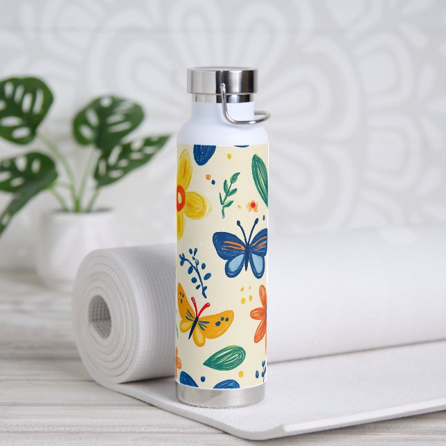Botella De Agua Crayón y flores de mariposa (Yoga)