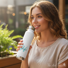 Botella De Agua Crea tu nombre de monograma personalizado blanco