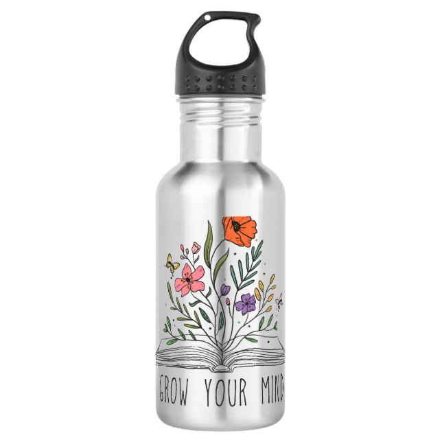 Botella De Agua Crece tu mente Boho Wildflower y libro (Anverso)