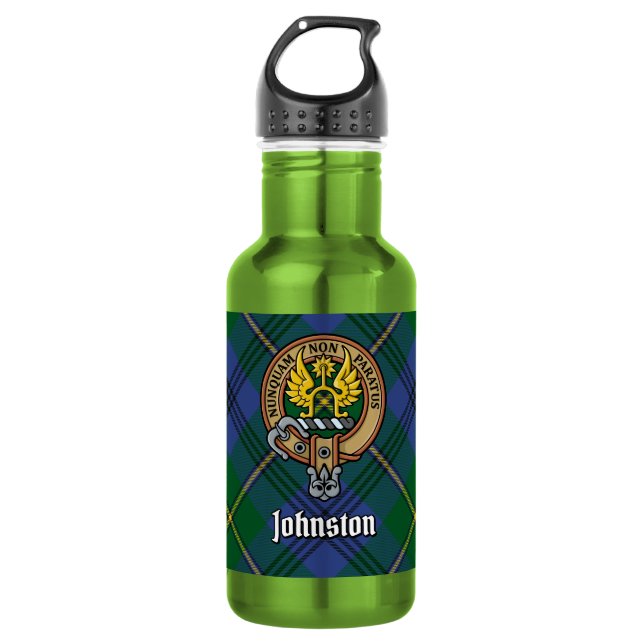 Botella De Agua Crest de Clan Johnston sobre tartán (Anverso)