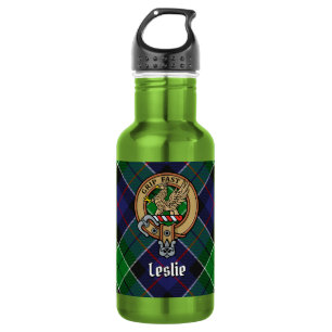 Botella De Agua Crest de Clan Leslie sobre tartán de caza