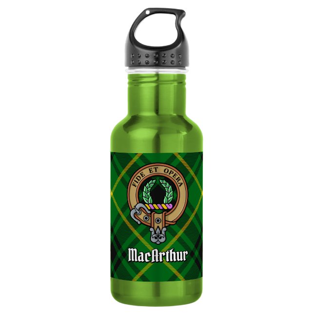 Botella De Agua Crest de Clan MacArthur sobre tartán (Anverso)