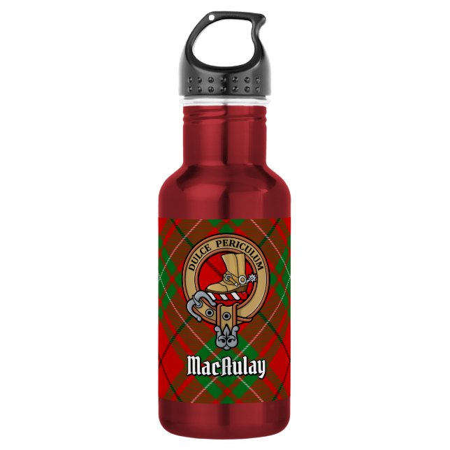 Botella De Agua Crest de Clan MacAulay sobre tartán (Anverso)