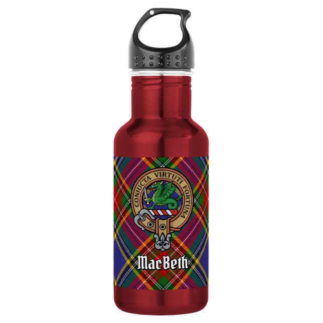 Botella De Agua Crest de Clan MacBeth sobre tartán (Anverso)
