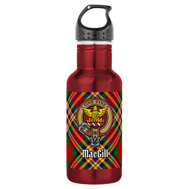 Botella De Agua Crest de Clan MacGill sobre tartán (Anverso)