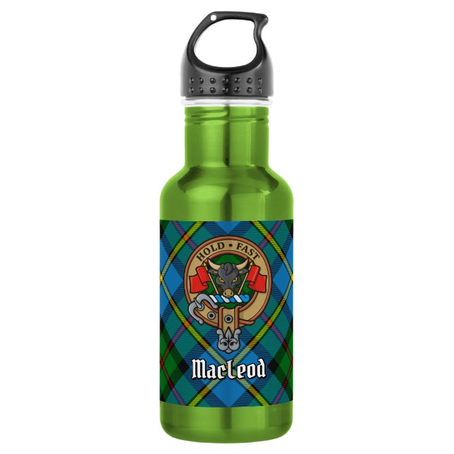 Botella De Agua Crest de Clan MacLeod sobre Tartán de Caza (Anverso)