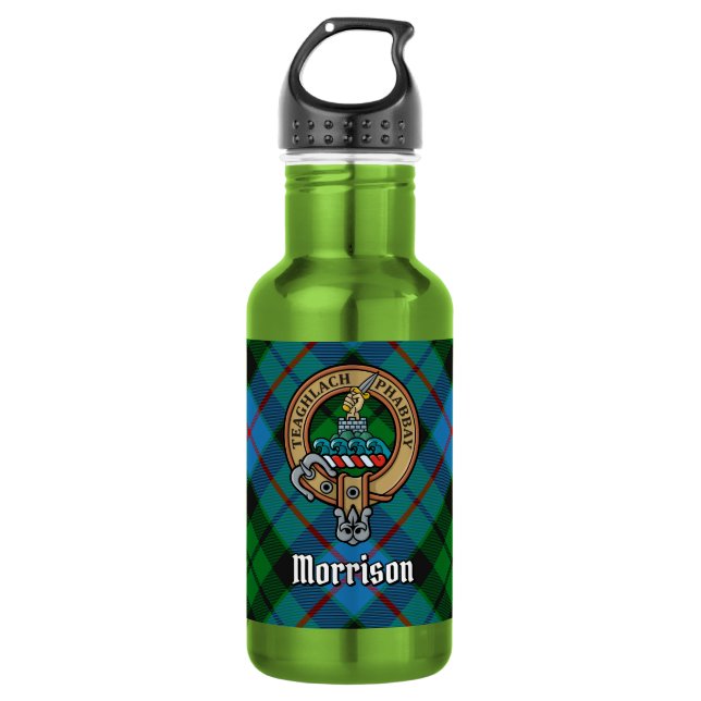 Botella De Agua Crest de Clan Morrison sobre Tartán de Caza (Anverso)