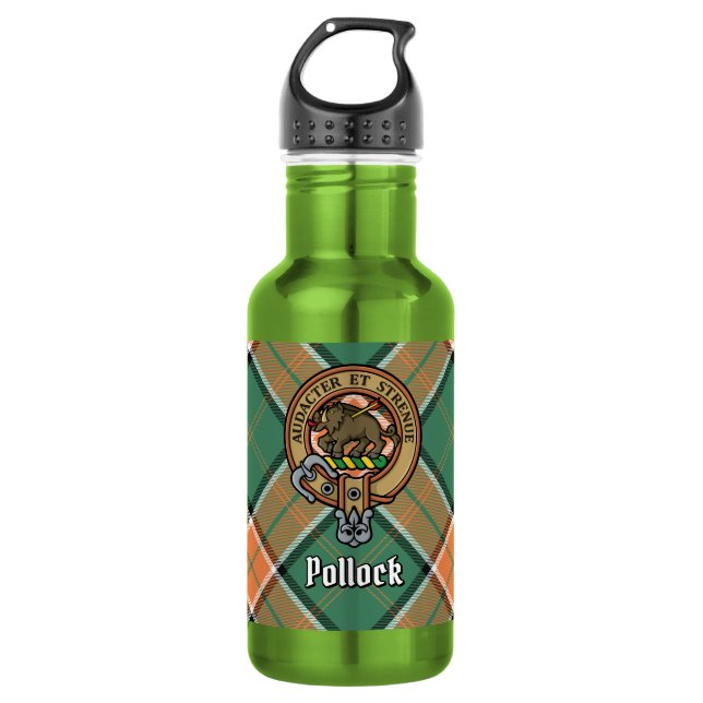 Botella De Agua Crest de Clan Pollock sobre Tartán (Anverso)