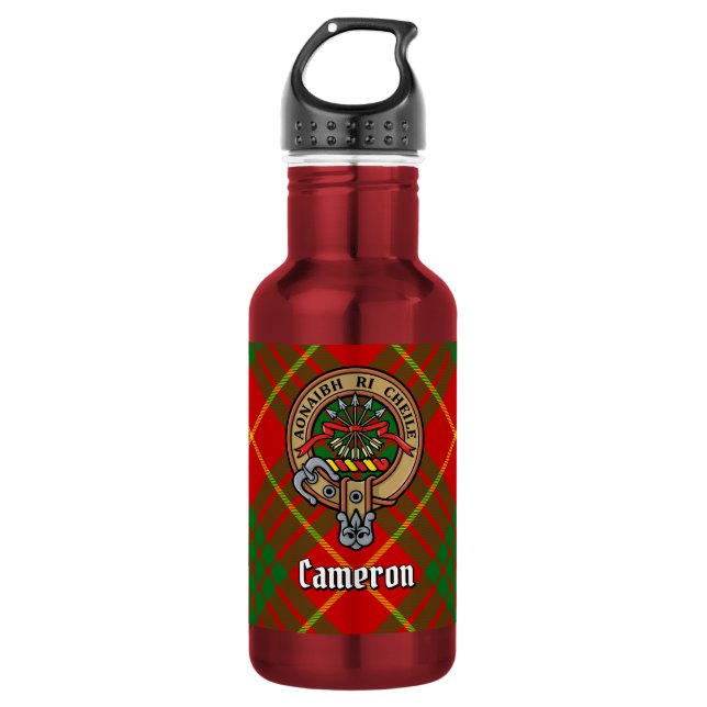 Botella De Agua Crest del Clan Cameron sobre tartán (Anverso)