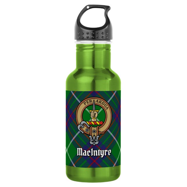 Botella De Agua Crest del Clan MacIntyre sobre tartán (Anverso)