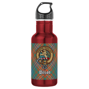 Botella De Agua Crest del Clan Wilson sobre antiguo tartán