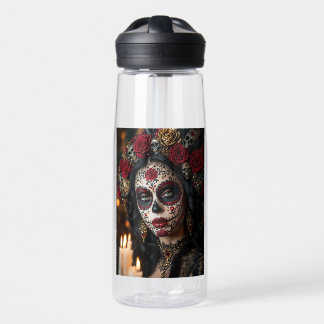 Botella De Agua Crimson Rose Calavera – Elegante Día de Muertos