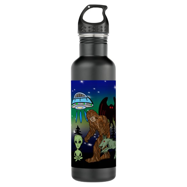 Botella De Agua Criptidos, Pie, Sasquatch, Mothman, Alien, OVNI (Anverso)