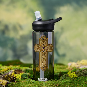 Botella De Agua Cruz celta de estilo dorado con joyas