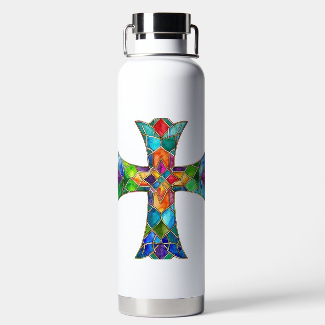 BOTELLA DE AGUA CRUZ DE CRISTAL DE COLOR BRILLANTE (Parte trasera)