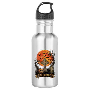 Botella De Agua Cruz de Halloween Lápida Calavera Calabaza Gato Ne