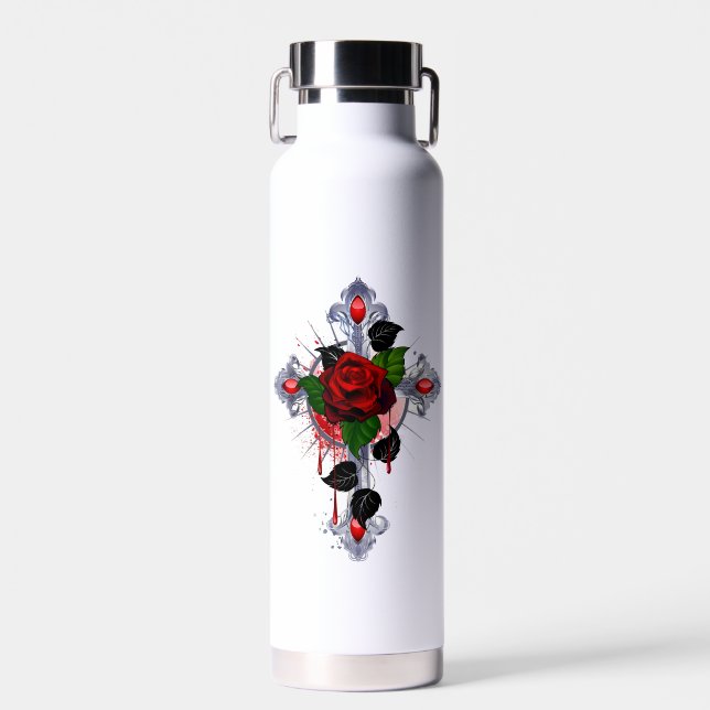 Botella De Agua Cruz de Plata con una Rosa Roja (Delantero)