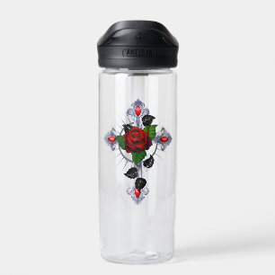 Botella De Agua Cruz de Plata con una Rosa Roja